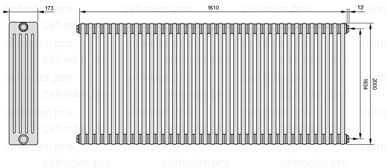Схема (чертеж) Радиатор Zehnder Charleston 5200/35 №7610 Белый глянцевый RAL 9016